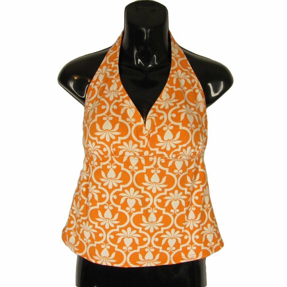 💐 Lands End Womens 6 Swimsuit Orange Lattice White Floral Tropical Tankini Top - Picture 2 of 5